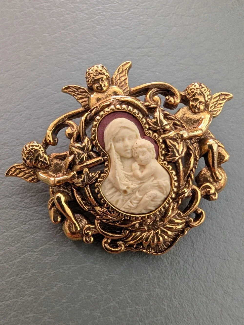 Gold-Tone Cherub Madonna and Child Brooch